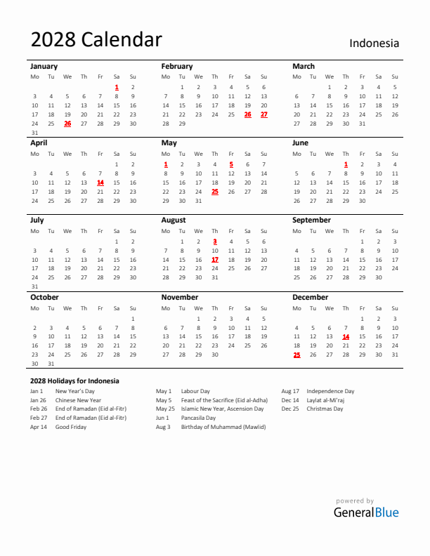 Standard Holiday Calendar for 2028 with Indonesia Holidays 