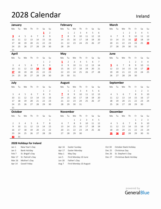 Standard Holiday Calendar for 2028 with Ireland Holidays