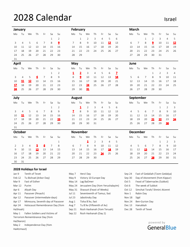 Standard Holiday Calendar for 2028 with Israel Holidays 