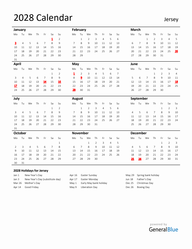 Standard Holiday Calendar for 2028 with Jersey Holidays