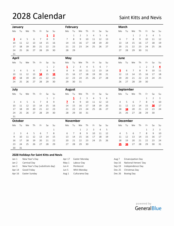 Standard Holiday Calendar for 2028 with Saint Kitts and Nevis Holidays 