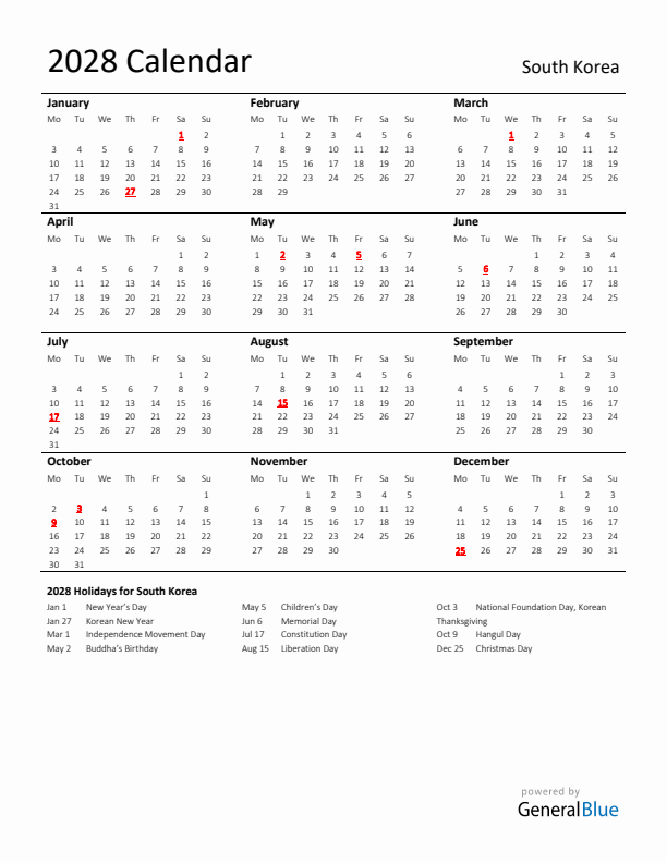 Standard Holiday Calendar for 2028 with South Korea Holidays