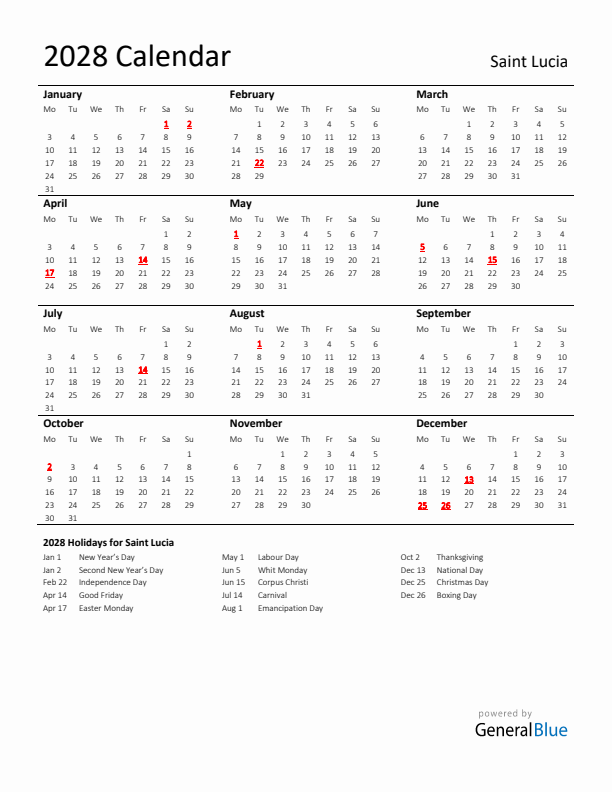 Standard Holiday Calendar for 2028 with Saint Lucia Holidays 