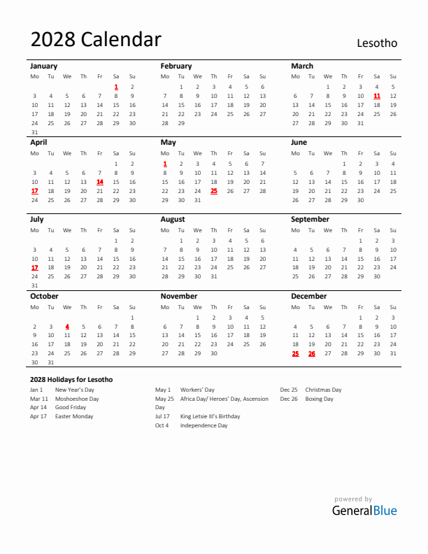 Standard Holiday Calendar for 2028 with Lesotho Holidays