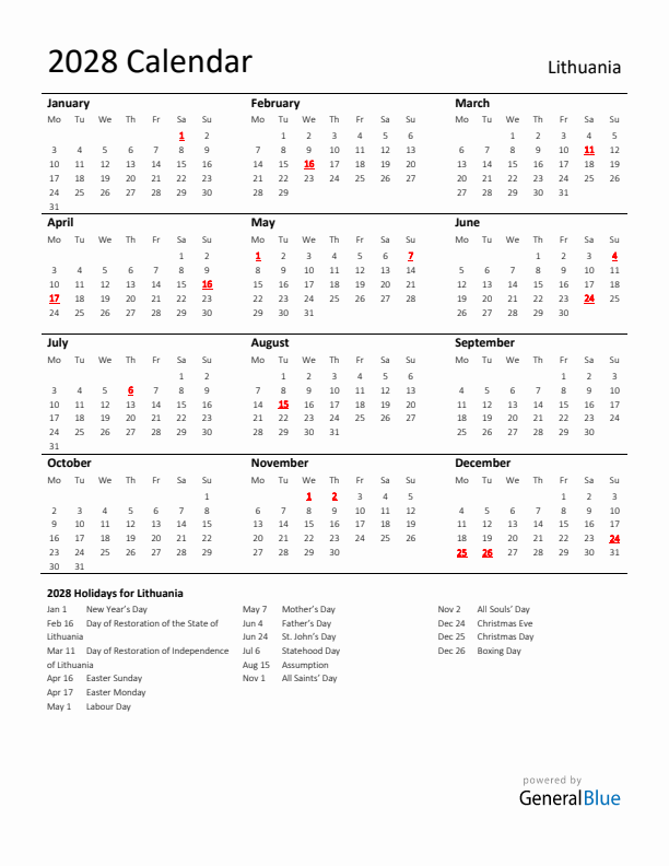 Standard Holiday Calendar for 2028 with Lithuania Holidays 