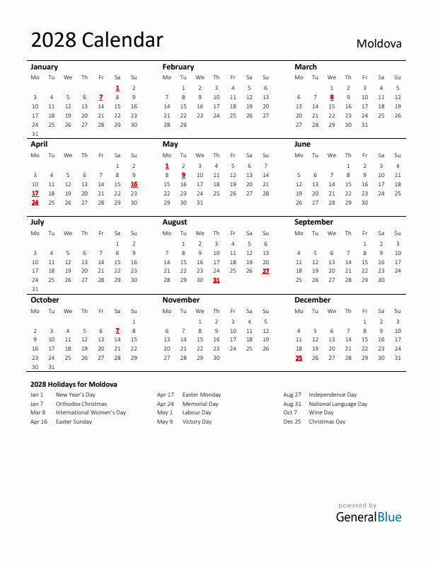 Standard Holiday Calendar for 2028 with Moldova Holidays