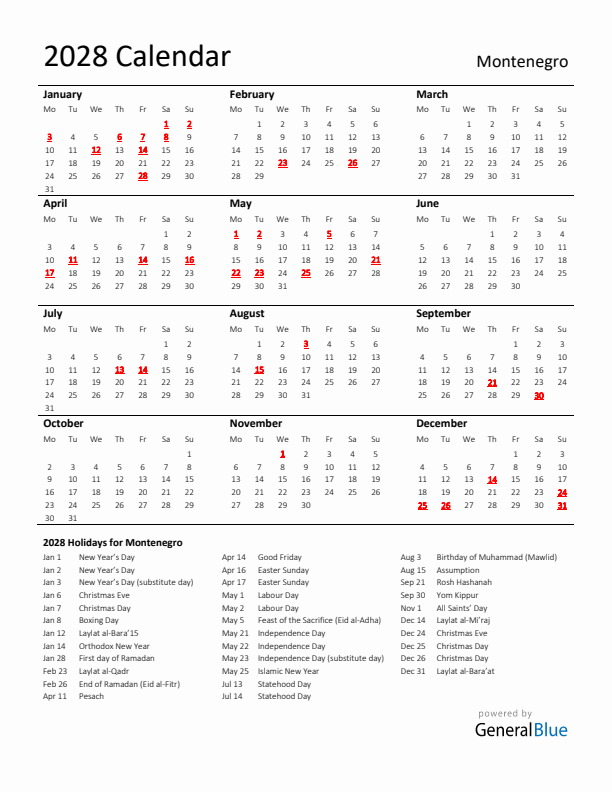 Standard Holiday Calendar for 2028 with Montenegro Holidays 