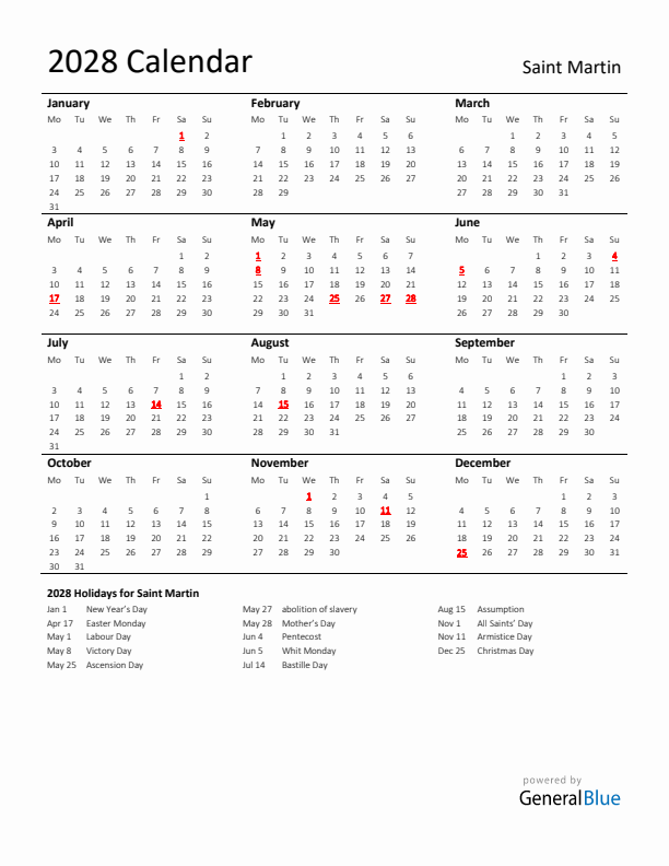 Standard Holiday Calendar for 2028 with Saint Martin Holidays 