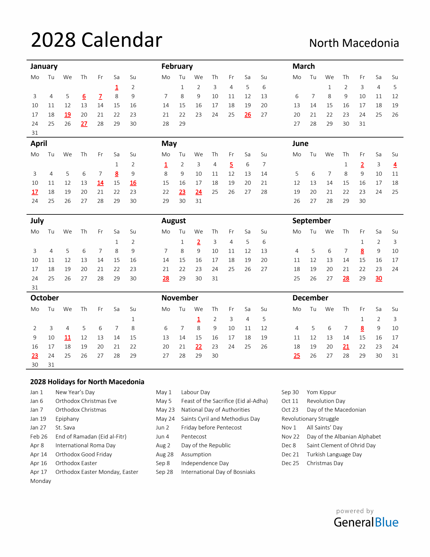 Standard Holiday Calendar for 2028 with North Macedonia Holidays