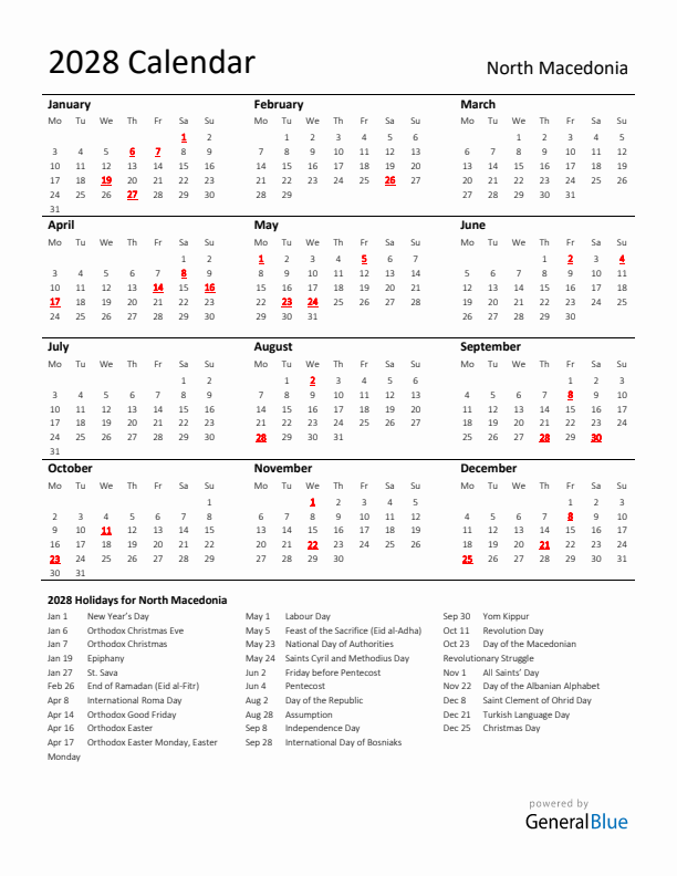 Standard Holiday Calendar for 2028 with North Macedonia Holidays 