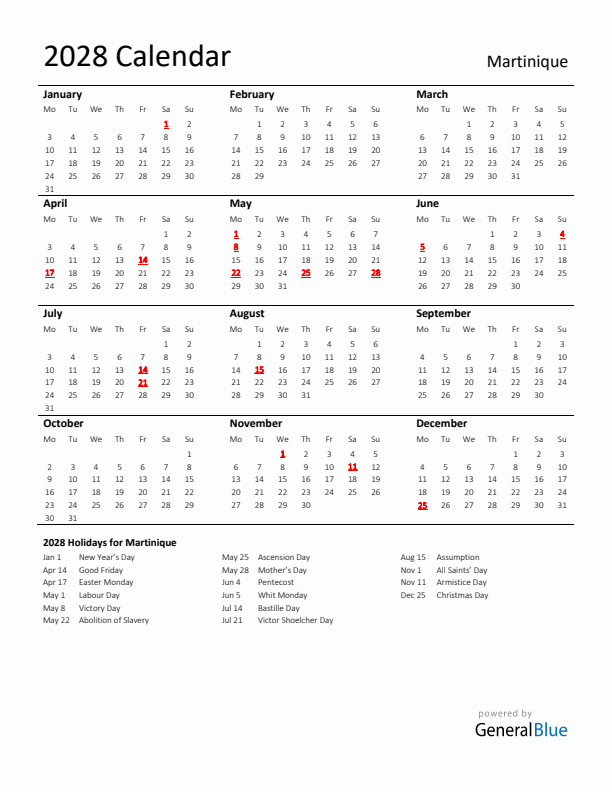 Standard Holiday Calendar for 2028 with Martinique Holidays