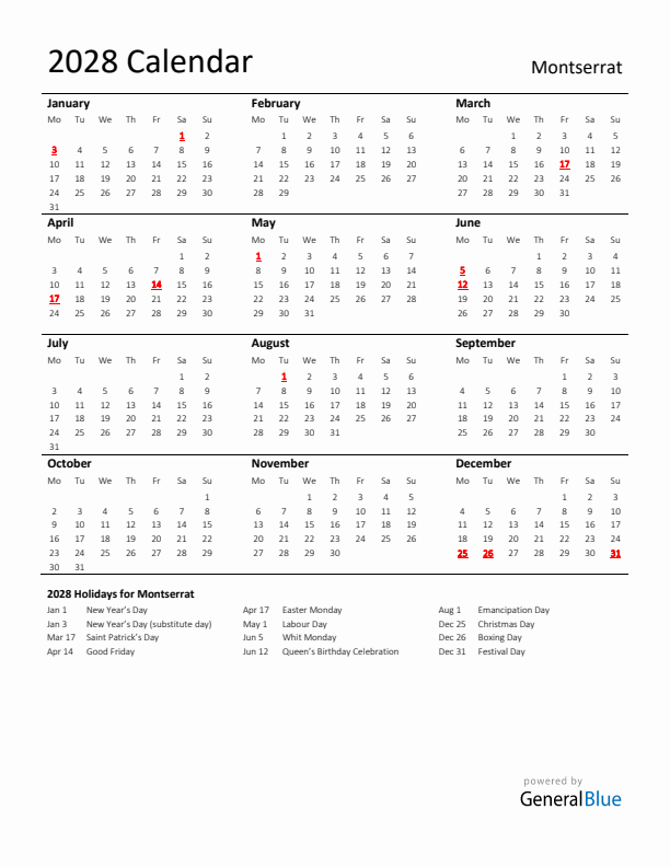 Standard Holiday Calendar for 2028 with Montserrat Holidays 