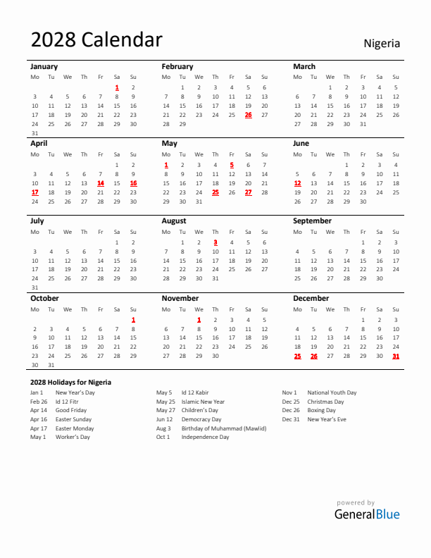 Standard Holiday Calendar for 2028 with Nigeria Holidays 