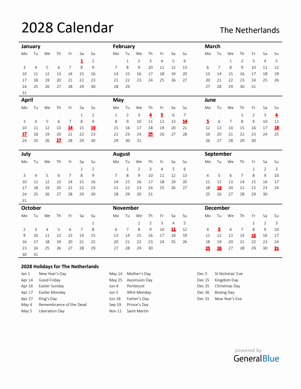 Standard Holiday Calendar for 2028 with The Netherlands Holidays