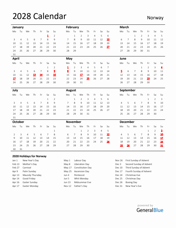 Standard Holiday Calendar for 2028 with Norway Holidays