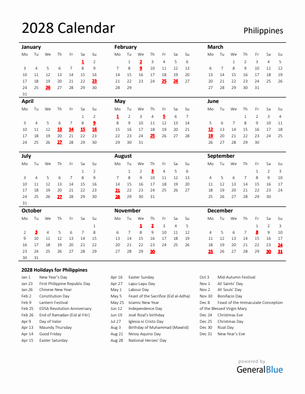 Standard Holiday Calendar for 2028 with Philippines Holidays