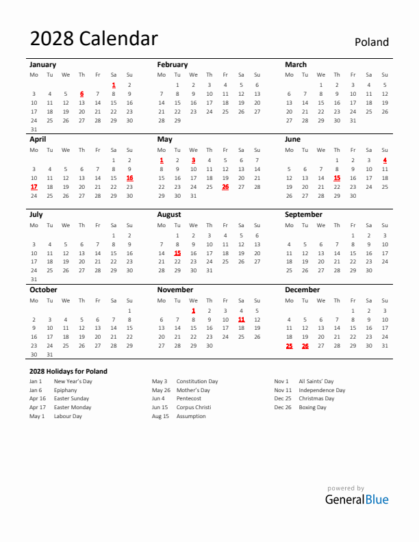 Standard Holiday Calendar for 2028 with Poland Holidays