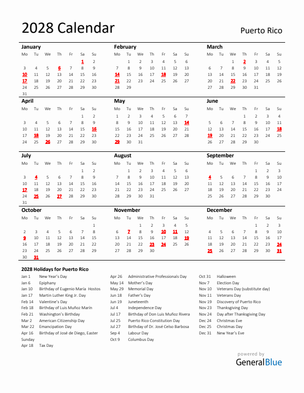 Standard Holiday Calendar for 2028 with Puerto Rico Holidays 