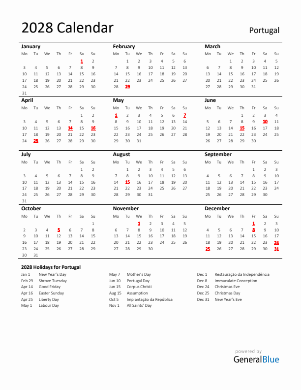 Standard Holiday Calendar for 2028 with Portugal Holidays