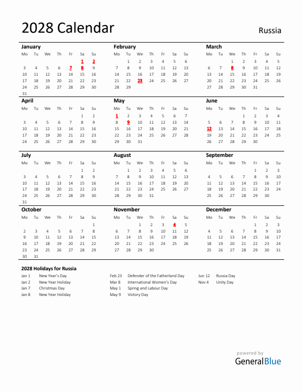 Standard Holiday Calendar for 2028 with Russia Holidays