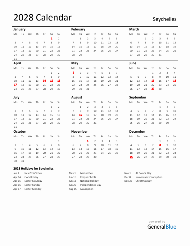 Standard Holiday Calendar for 2028 with Seychelles Holidays 