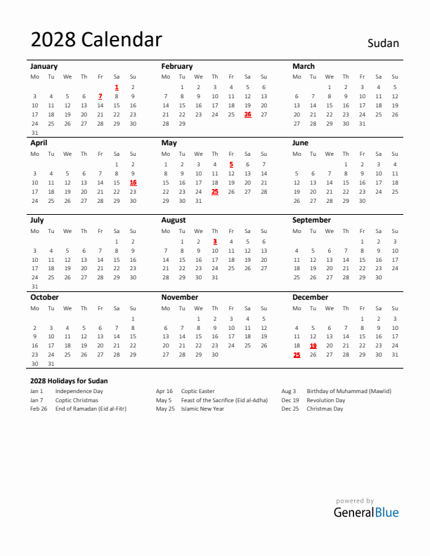 Standard Holiday Calendar for 2028 with Sudan Holidays 