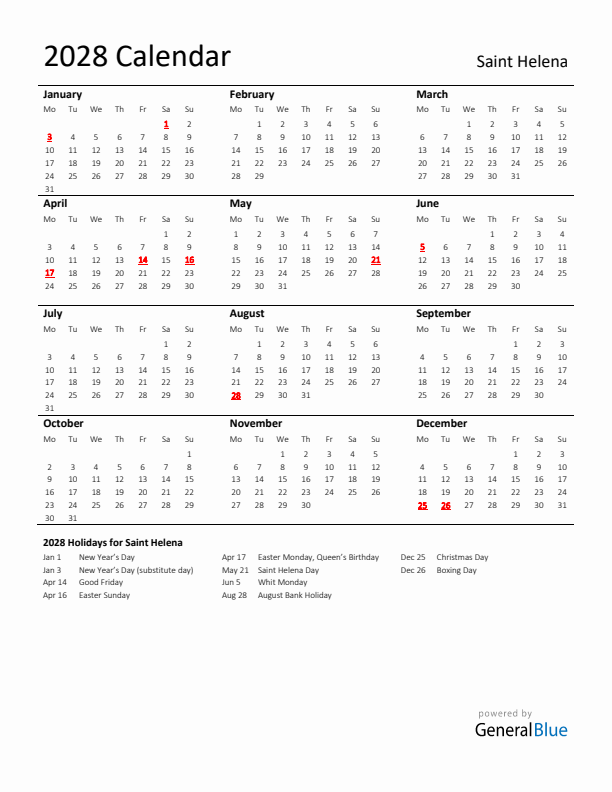 Standard Holiday Calendar for 2028 with Saint Helena Holidays