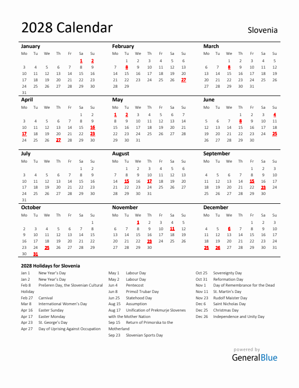 Standard Holiday Calendar for 2028 with Slovenia Holidays