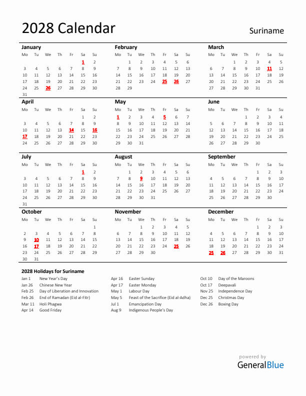 Standard Holiday Calendar for 2028 with Suriname Holidays 