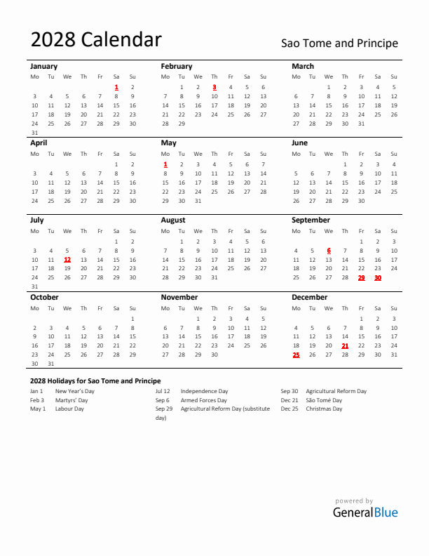 Standard Holiday Calendar for 2028 with Sao Tome and Principe Holidays 