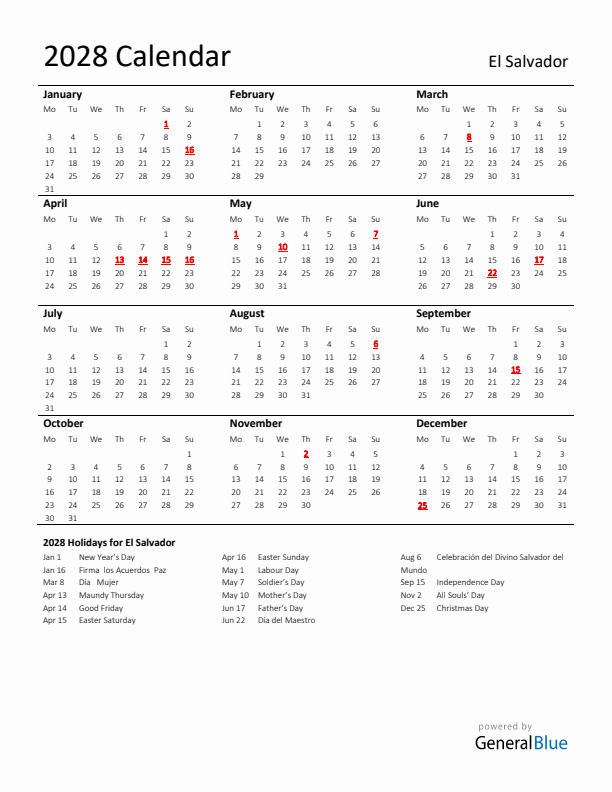 Standard Holiday Calendar for 2028 with El Salvador Holidays