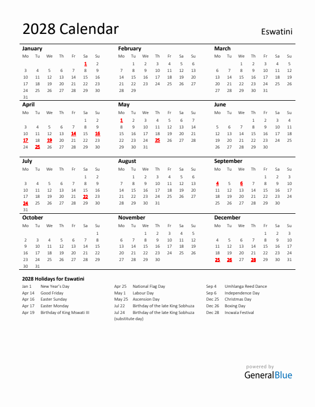 Standard Holiday Calendar for 2028 with Eswatini Holidays 