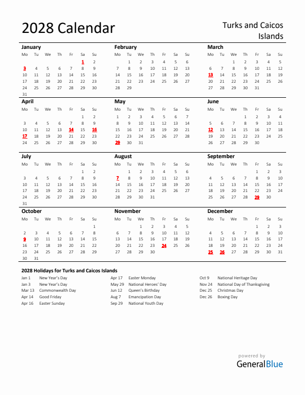 Standard Holiday Calendar for 2028 with Turks and Caicos Islands Holidays 