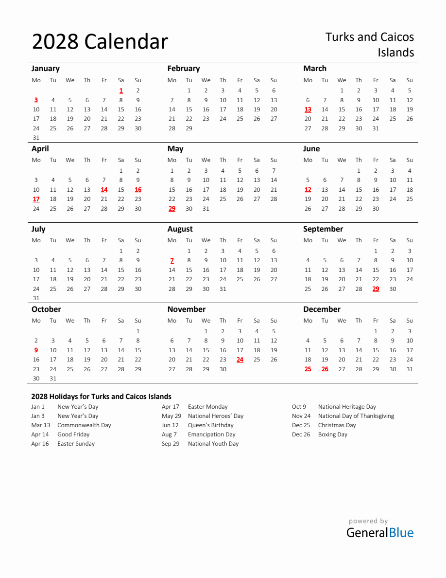 Standard Holiday Calendar for 2028 with Turks and Caicos Islands ...