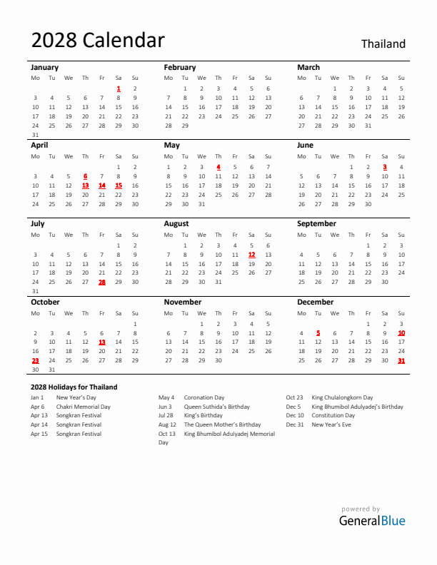 Standard Holiday Calendar for 2028 with Thailand Holidays 