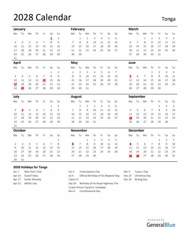 Standard Holiday Calendar for 2028 with Tonga Holidays 