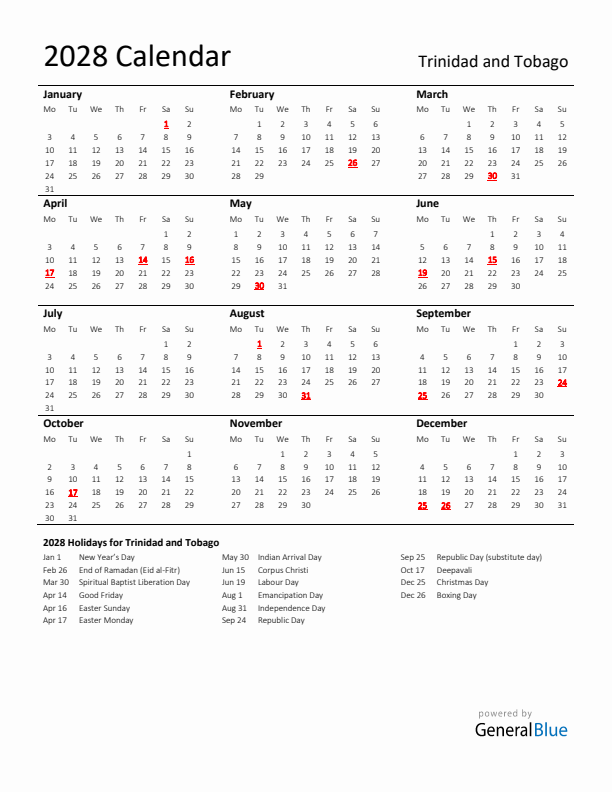 Standard Holiday Calendar for 2028 with Trinidad and Tobago Holidays 
