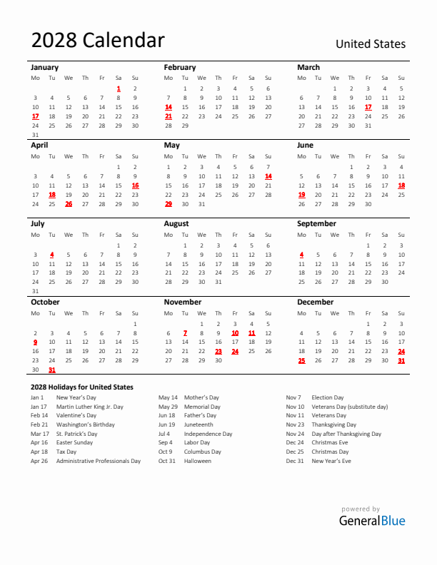 Standard Holiday Calendar for 2028 with United States Holidays