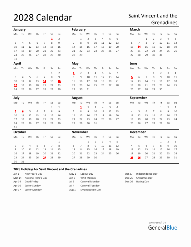 Standard Holiday Calendar for 2028 with Saint Vincent and the Grenadines Holidays 