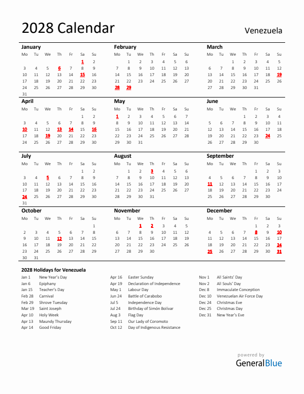 Standard Holiday Calendar for 2028 with Venezuela Holidays