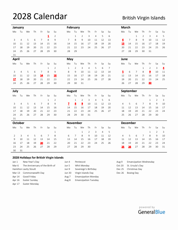 Standard Holiday Calendar for 2028 with British Virgin Islands Holidays 