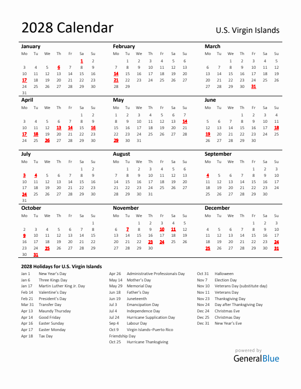 Standard Holiday Calendar for 2028 with U.S. Virgin Islands Holidays 