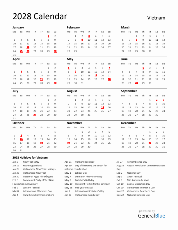 Standard Holiday Calendar for 2028 with Vietnam Holidays