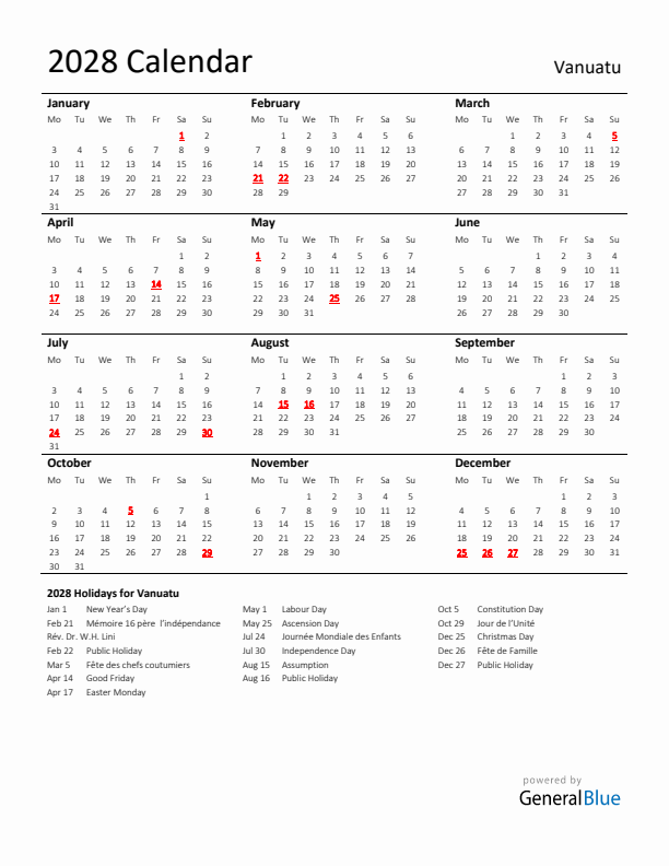 Standard Holiday Calendar for 2028 with Vanuatu Holidays 
