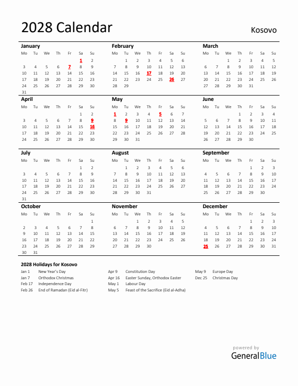 Standard Holiday Calendar for 2028 with Kosovo Holidays