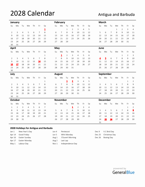 Standard Holiday Calendar for 2028 with Antigua and Barbuda Holidays