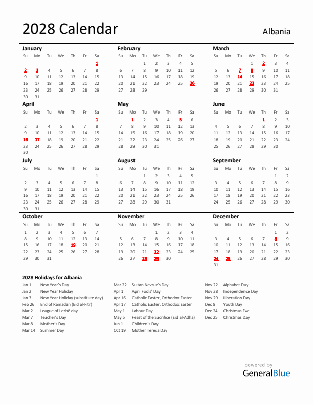 Standard Holiday Calendar for 2028 with Albania Holidays