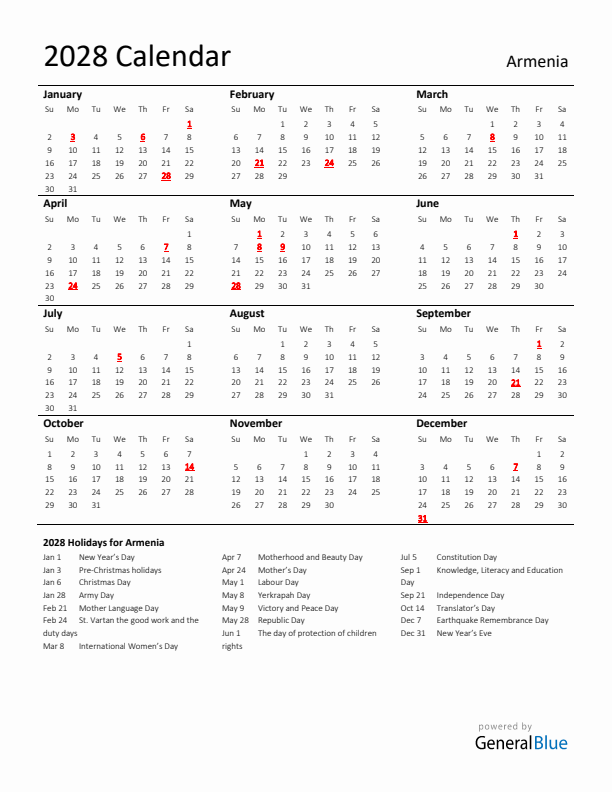 Standard Holiday Calendar for 2028 with Armenia Holidays