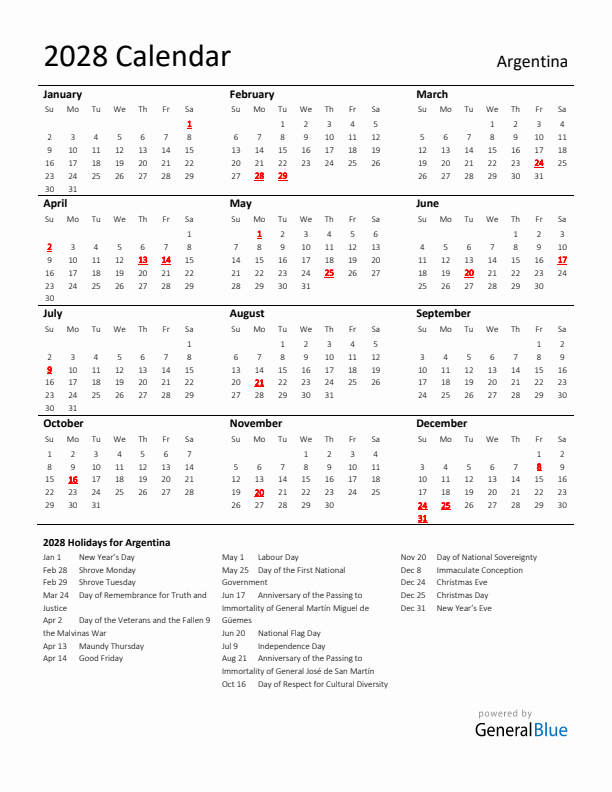 Standard Holiday Calendar for 2028 with Argentina Holidays 