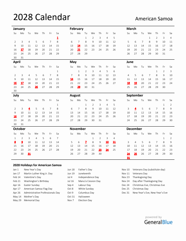 Standard Holiday Calendar for 2028 with American Samoa Holidays 